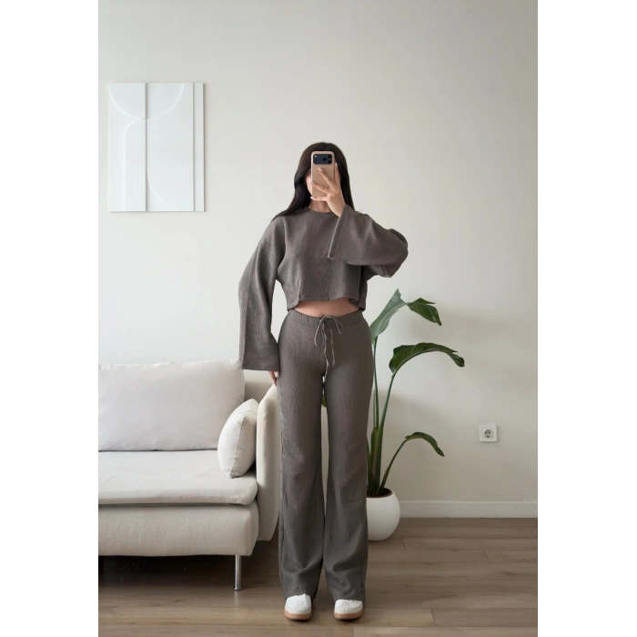 Fitilli Salaş Crop İkili Takım - GRİ