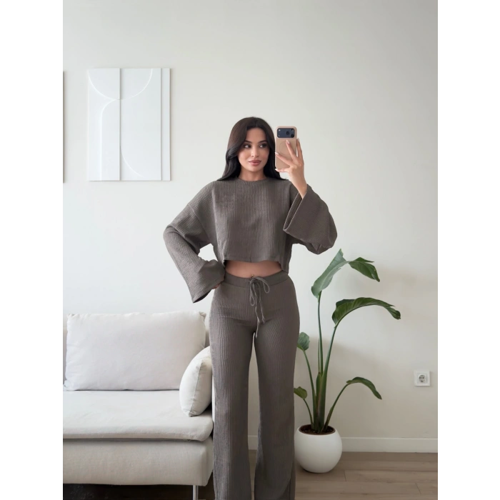 Fitilli Salaş Crop İkili Takım - GRİ