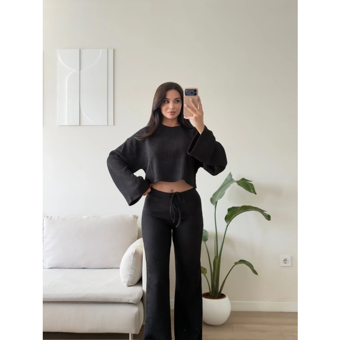 Fitilli Salaş Crop İkili Takım - SİYAH