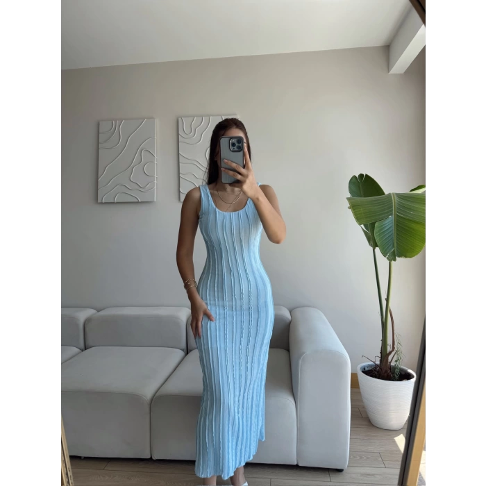 Fitilli Sırt Dekolte Elbise - MAVİ