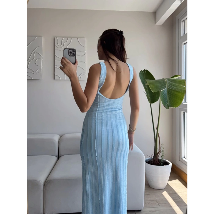 Fitilli Sırt Dekolte Elbise - MAVİ