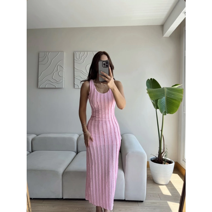 Fitilli Sırt Dekolte Elbise - PEMBE