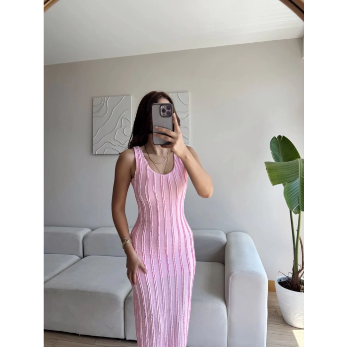 Fitilli Sırt Dekolte Elbise - PEMBE