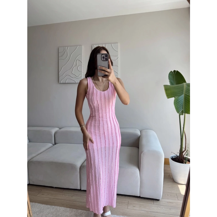 Fitilli Sırt Dekolte Elbise - PEMBE