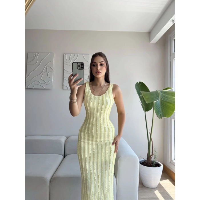 Fitilli Sırt Dekolte Elbise - SARI