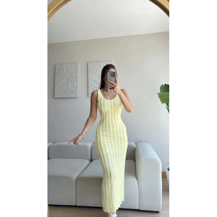 Fitilli Sırt Dekolte Elbise - SARI
