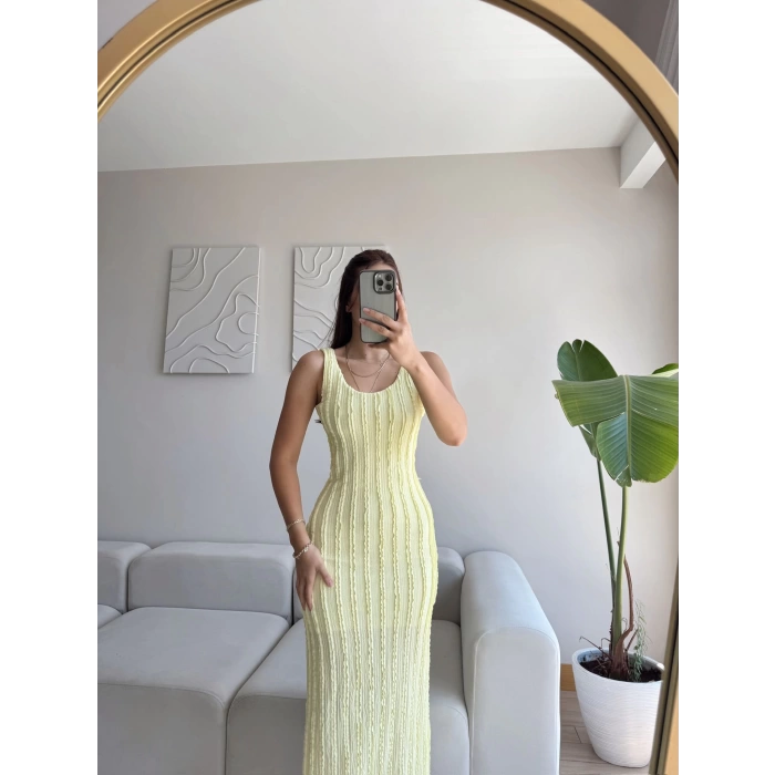 Fitilli Sırt Dekolte Elbise - SARI