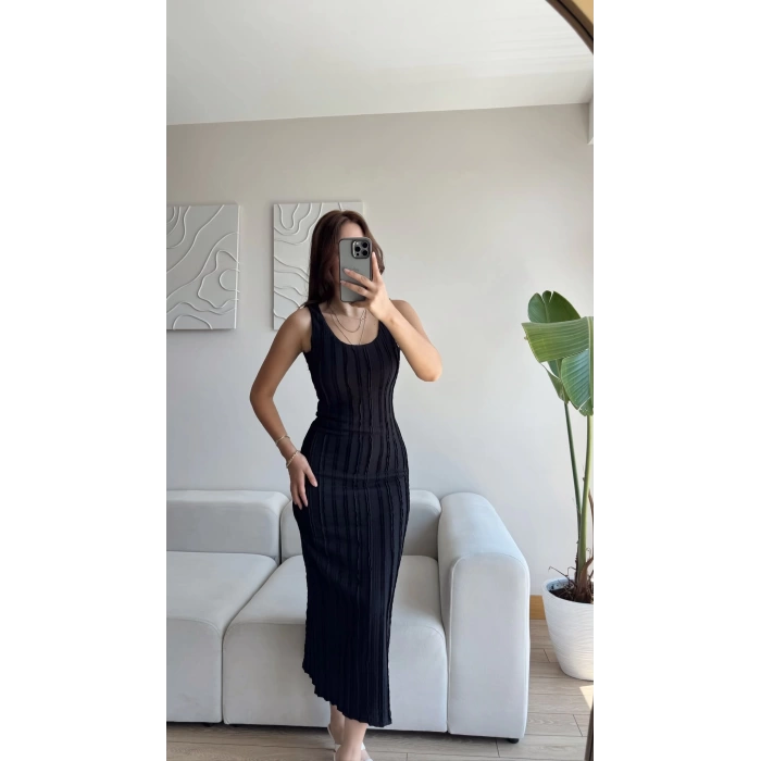 Fitilli Sırt Dekolte Elbise - SİYAH