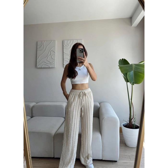 Fitilli Yüksek Bel Pantolon - BEJ