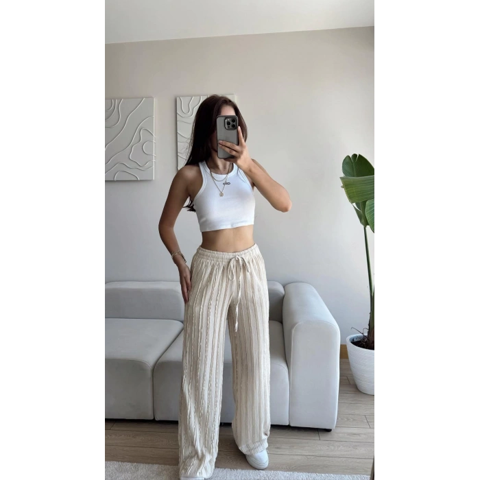 Fitilli Yüksek Bel Pantolon - BEJ