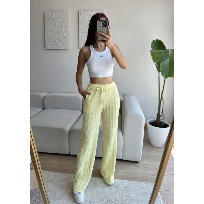 Fitilli Yüksek Bel Pantolon - SARI