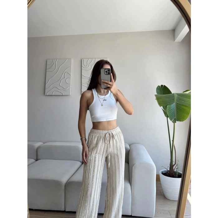 Fitilli Yüksek Bel Pantolon - BEJ