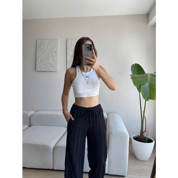 Fitilli Yüksek Bel Pantolon - SİYAH