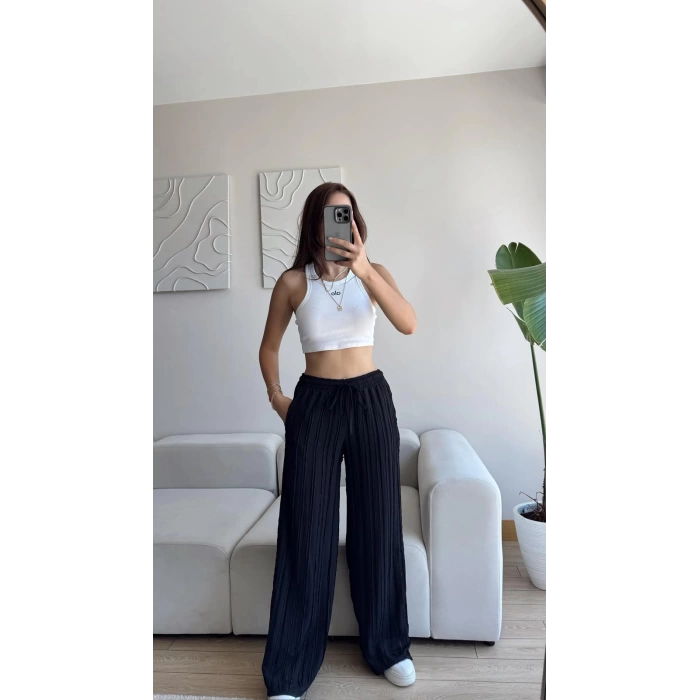 Fitilli Yüksek Bel Pantolon - SİYAH