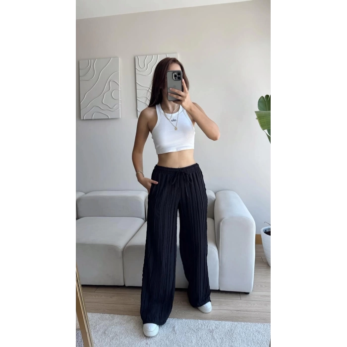 Fitilli Yüksek Bel Pantolon - SİYAH
