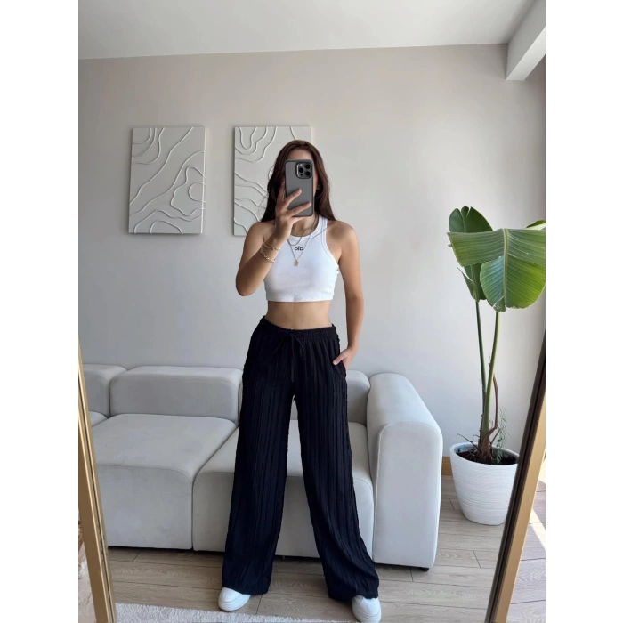 Fitilli Yüksek Bel Pantolon - SİYAH