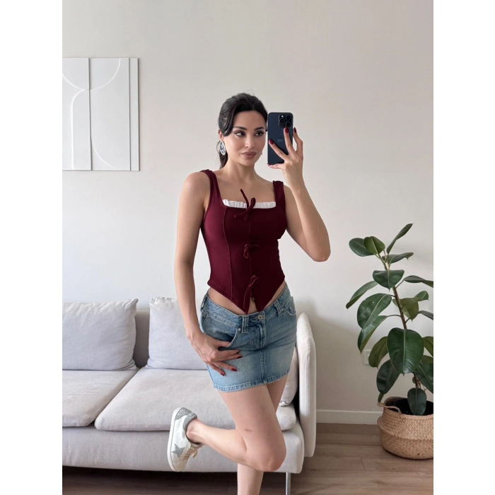 Fiyonklu Garnili Bluz - BORDO