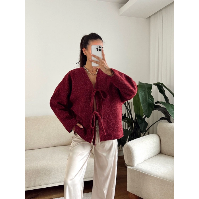 Fiyonklu Kırçıllı Ceket - BORDO