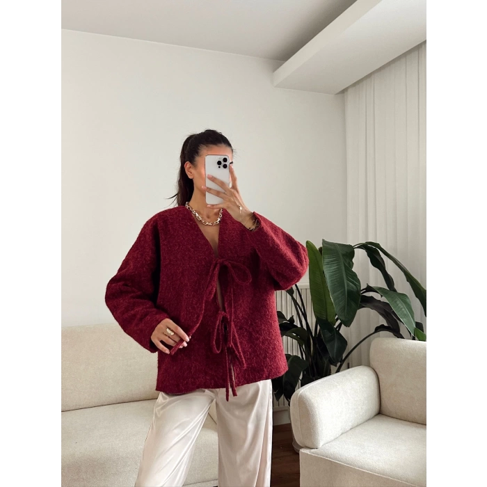 Fiyonklu Kırçıllı Ceket - BORDO