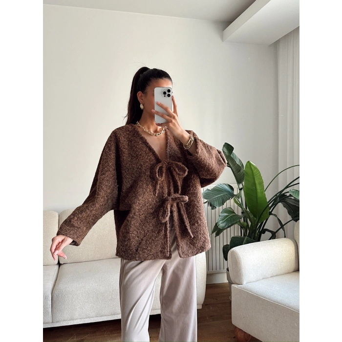Fiyonklu Kırçıllı Ceket - KAHVE