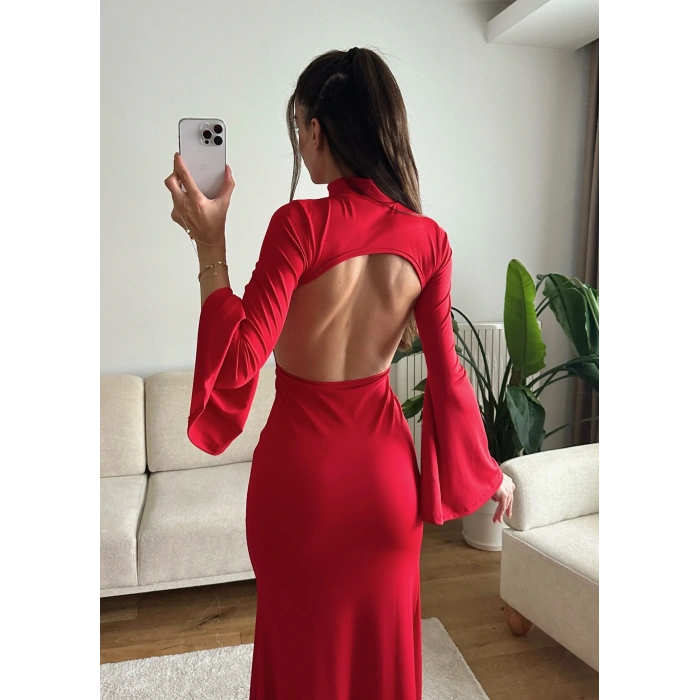 Flare Sırt Maxi Uzun Elbise - KIRMIZI