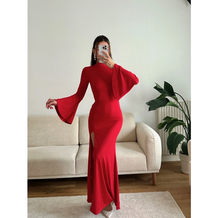 Flare Sırt Maxi Uzun Elbise - KIRMIZI
