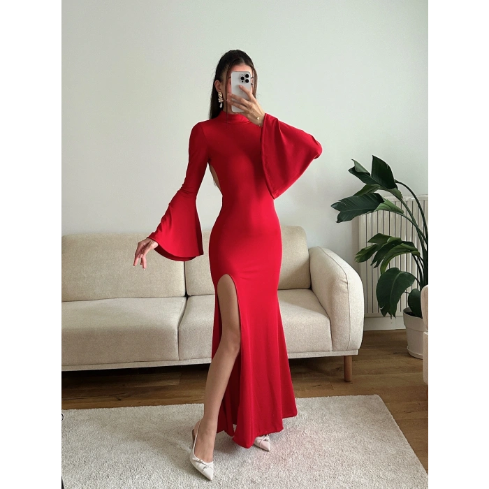 Flare Sırt Maxi Uzun Elbise - KIRMIZI