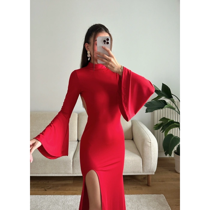 Flare Sırt Maxi Uzun Elbise - KIRMIZI