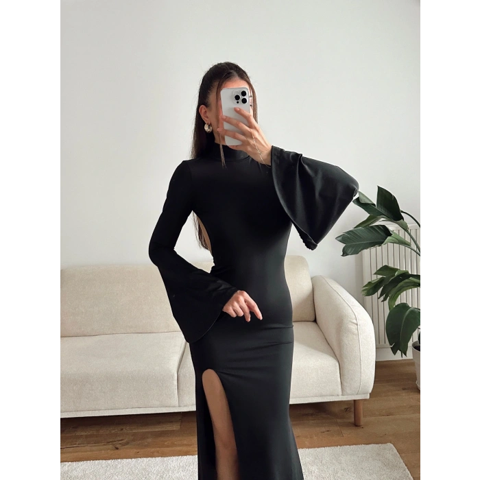 Flare Sırt Maxi Uzun Elbise - SİYAH