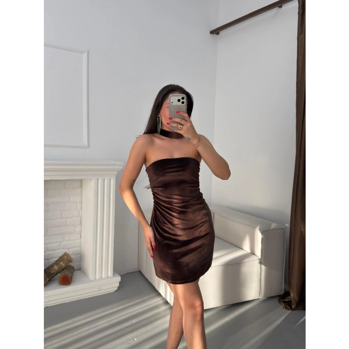 Flarlı Straplez Elbise - KAHVE