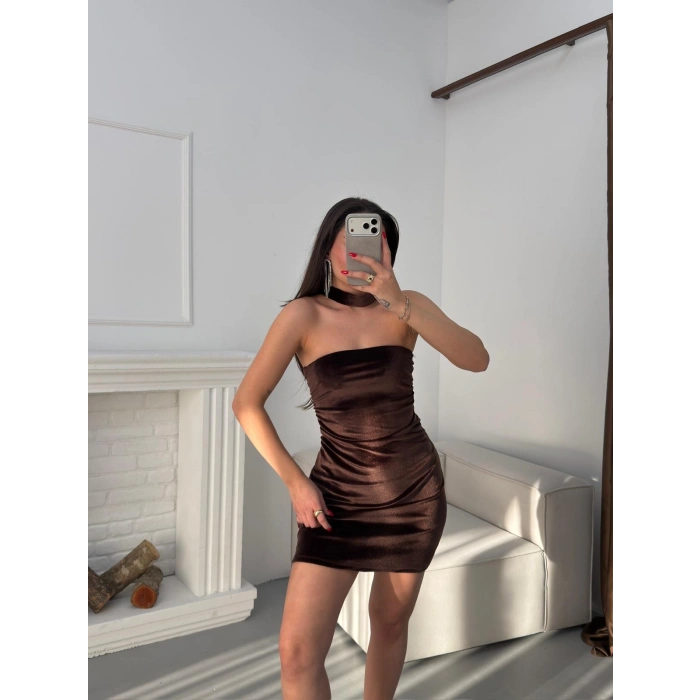 Flarlı Straplez Elbise - KAHVE