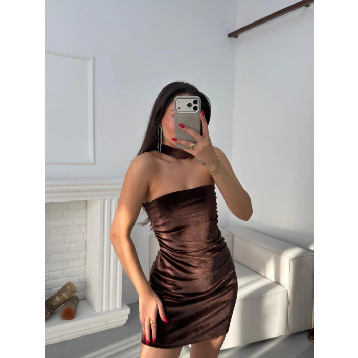 Flarlı Straplez Elbise - KAHVE