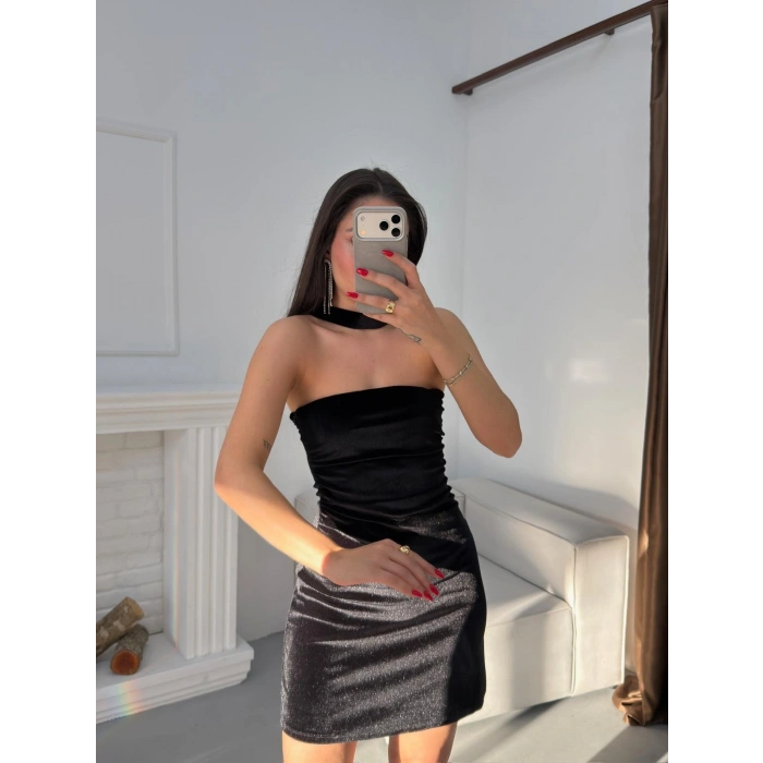 Flarlı Straplez Elbise - SİYAH