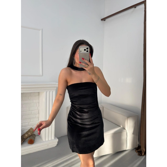 Flarlı Straplez Elbise - SİYAH