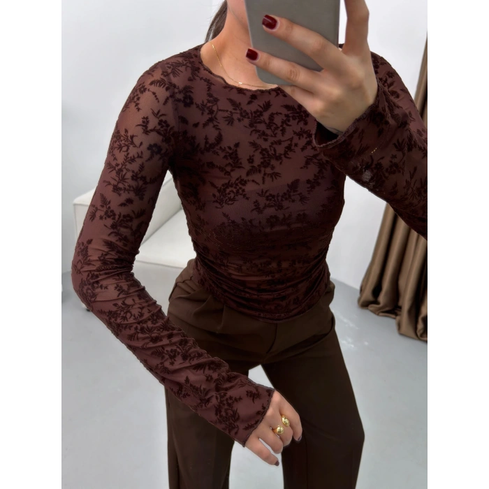 Floklu Dantel Bluz - KAHVE