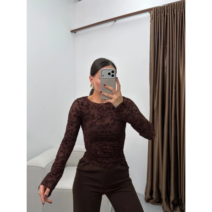 Floklu Dantel Bluz - KAHVE