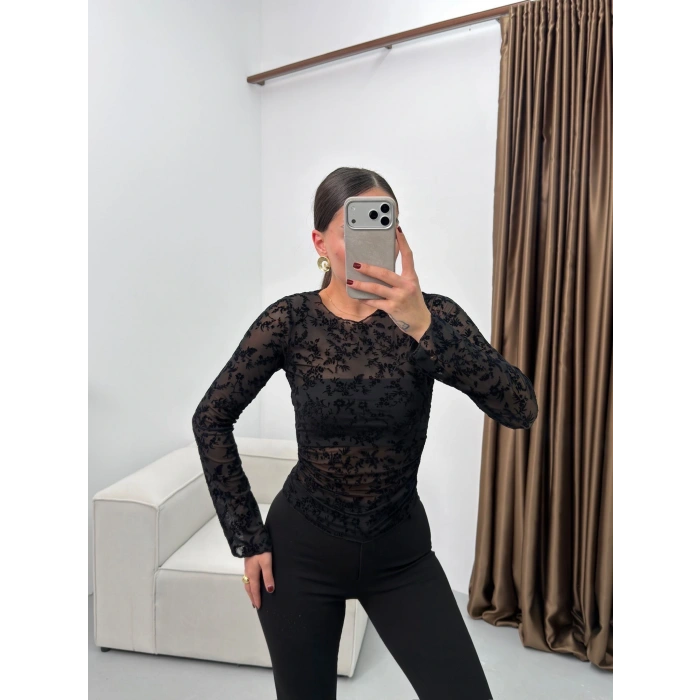 Floklu Dantel Bluz - SİYAH
