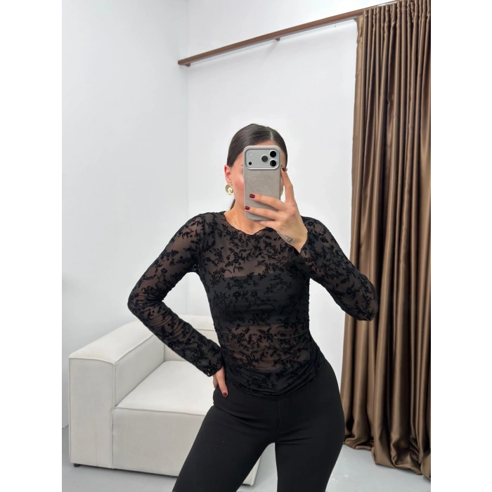 Floklu Dantel Bluz - SİYAH