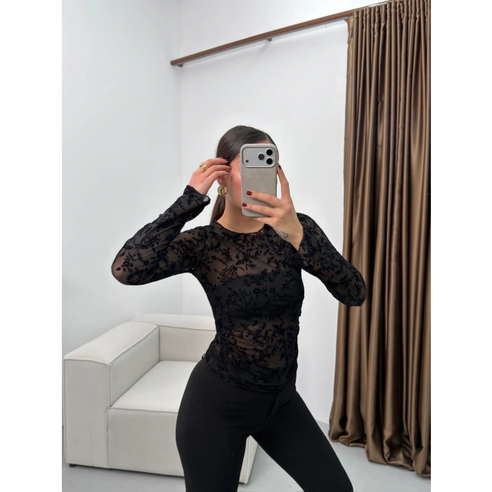 Floklu Dantel Bluz - SİYAH