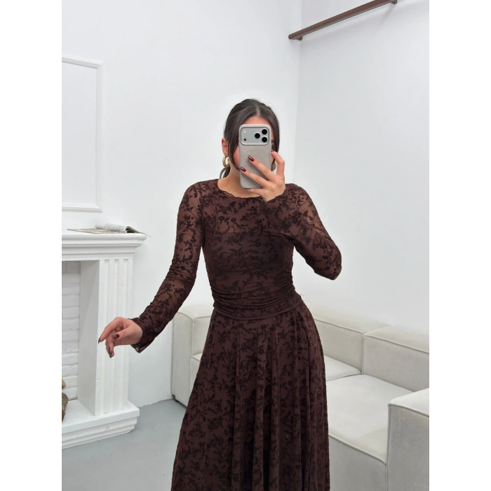 Floklu Dantel Etekli Takım - KAHVE