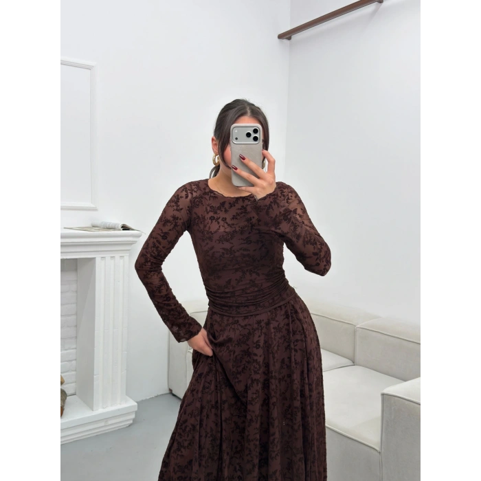 Floklu Dantel Etekli Takım - KAHVE