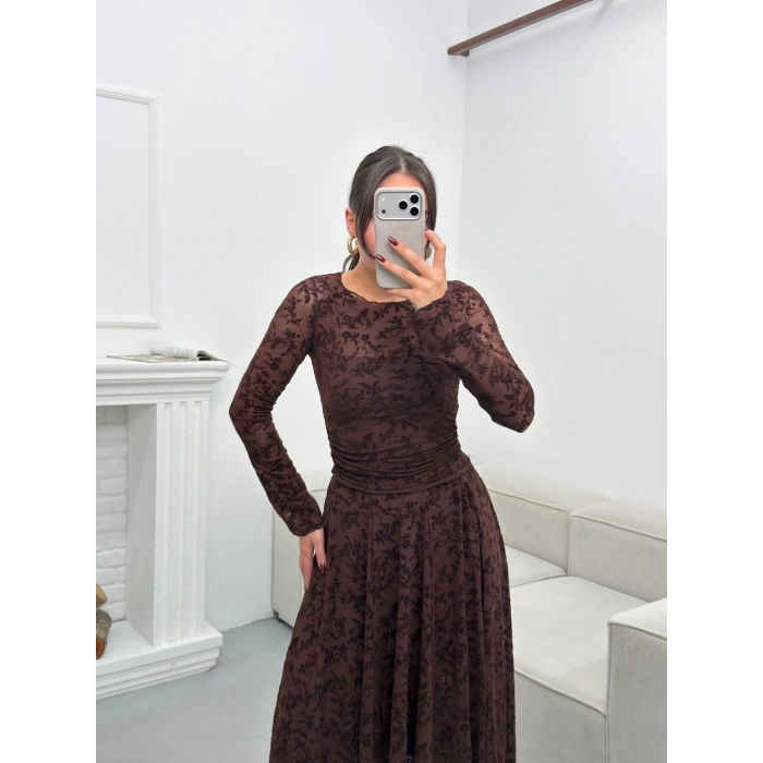 Floklu Dantel Etekli Takım - KAHVE