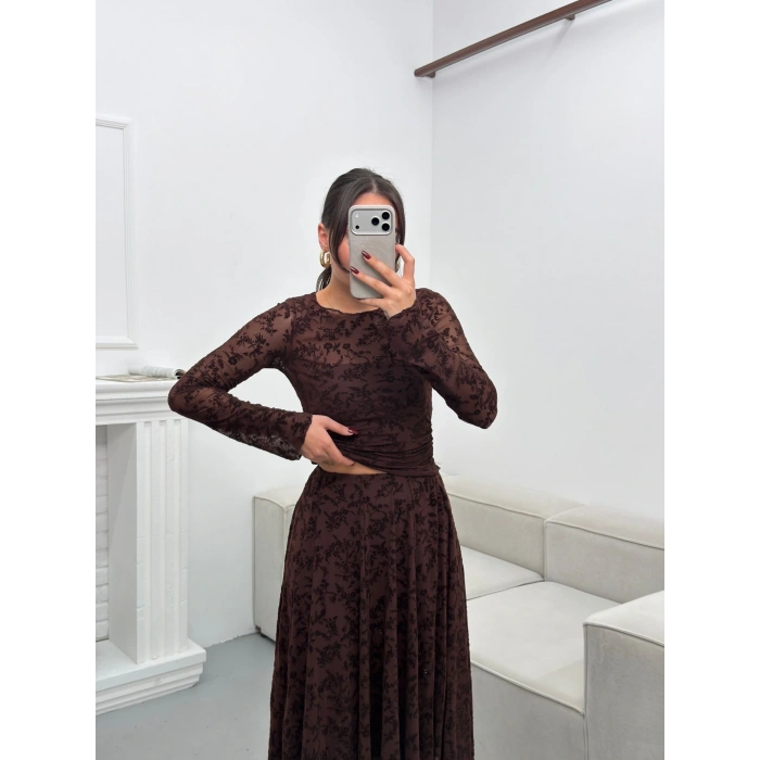 Floklu Dantel Etekli Takım - KAHVE