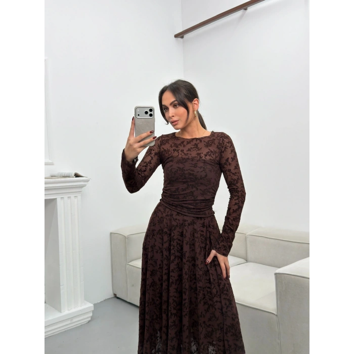 Floklu Dantel Etekli Takım - KAHVE