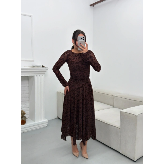 Floklu Dantel Etekli Takım - KAHVE