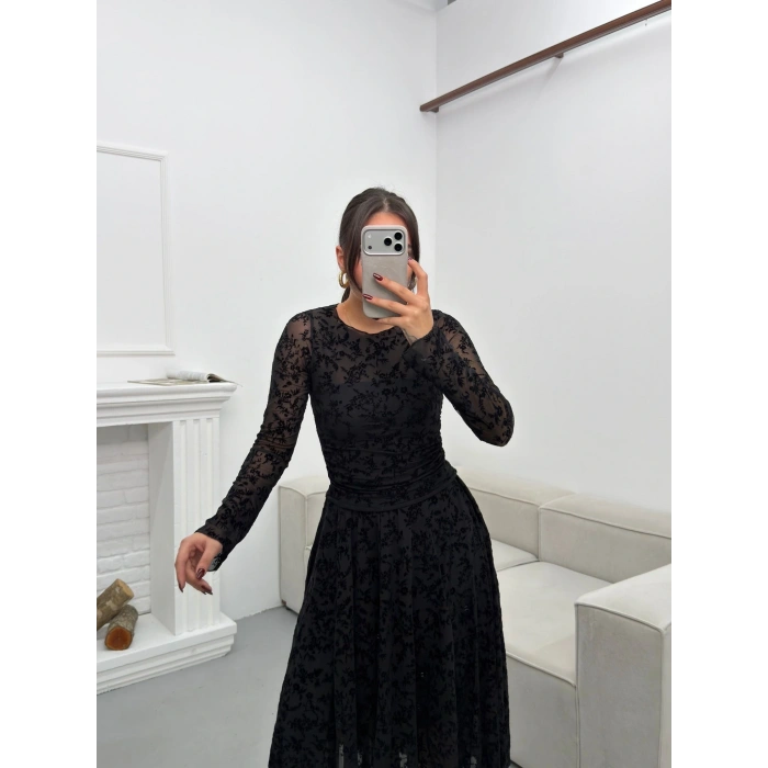 Floklu Dantel Etekli Takım - SİYAH