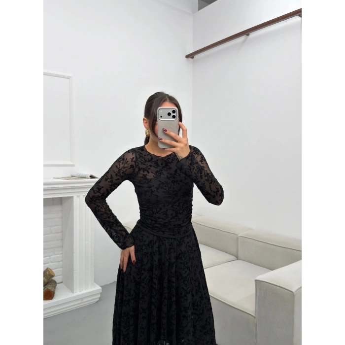 Floklu Dantel Etekli Takım - SİYAH