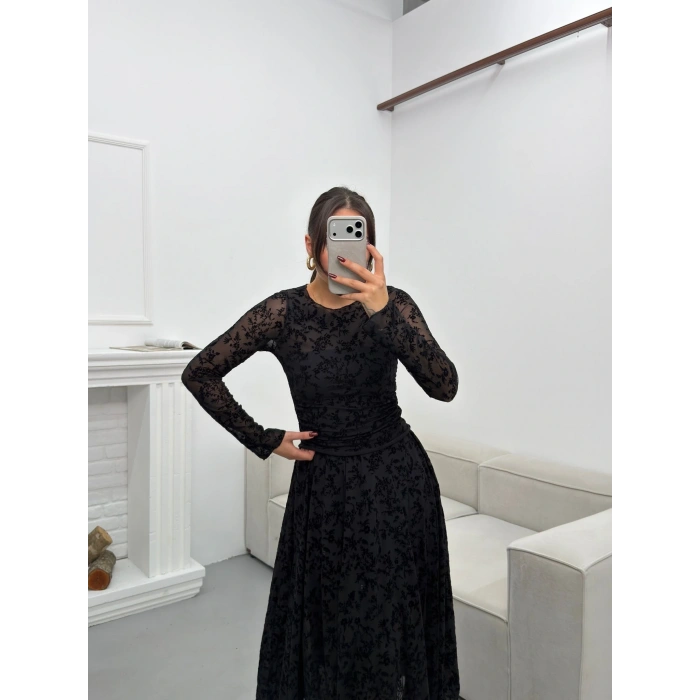 Floklu Dantel Etekli Takım - SİYAH