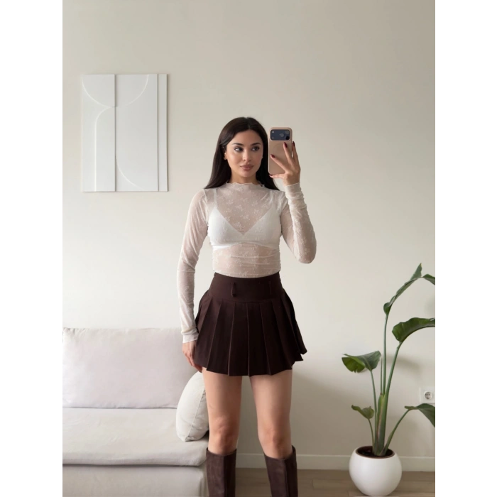 Floral Desen Tül Bluz - BEYAZ