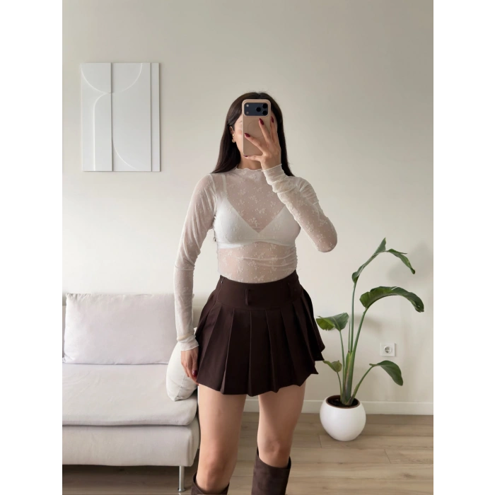 Floral Desen Tül Bluz - BEYAZ